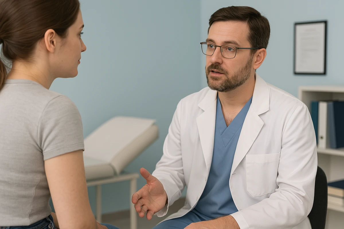 A doctor consulting a patient with a patient about back injections