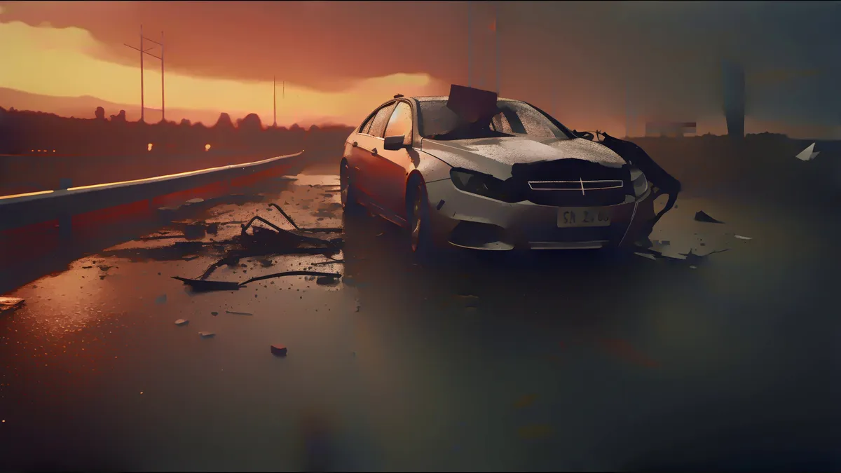wrecked car in the middle of the road
