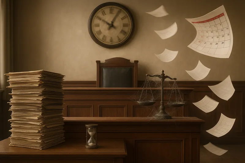 an empty courtroom with a clock, calendar and scales of justice.