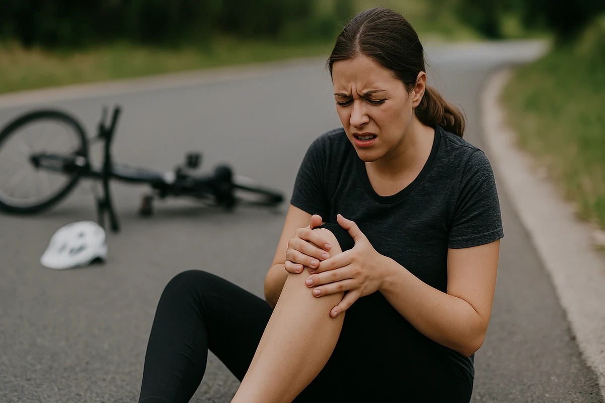 a cyclist holding her injured knee.