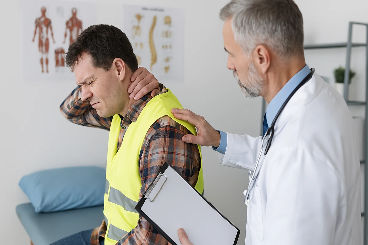 A doctor consulting a patient with a neck injury