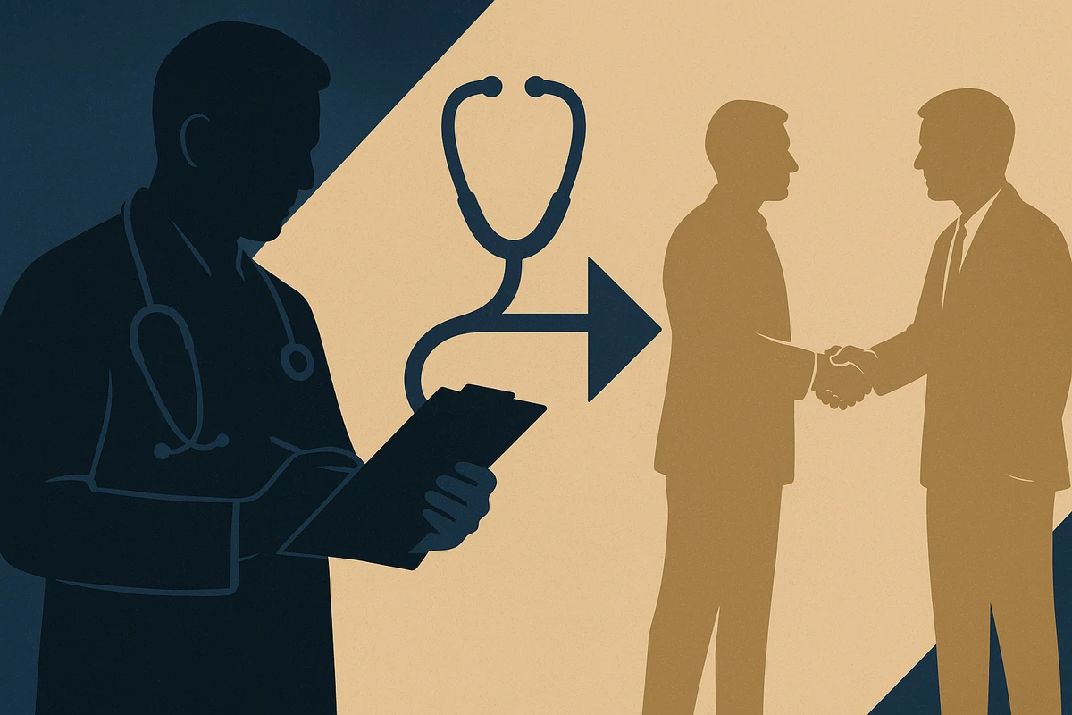 a doctor reviewing a chart while two people shake hands in the background.