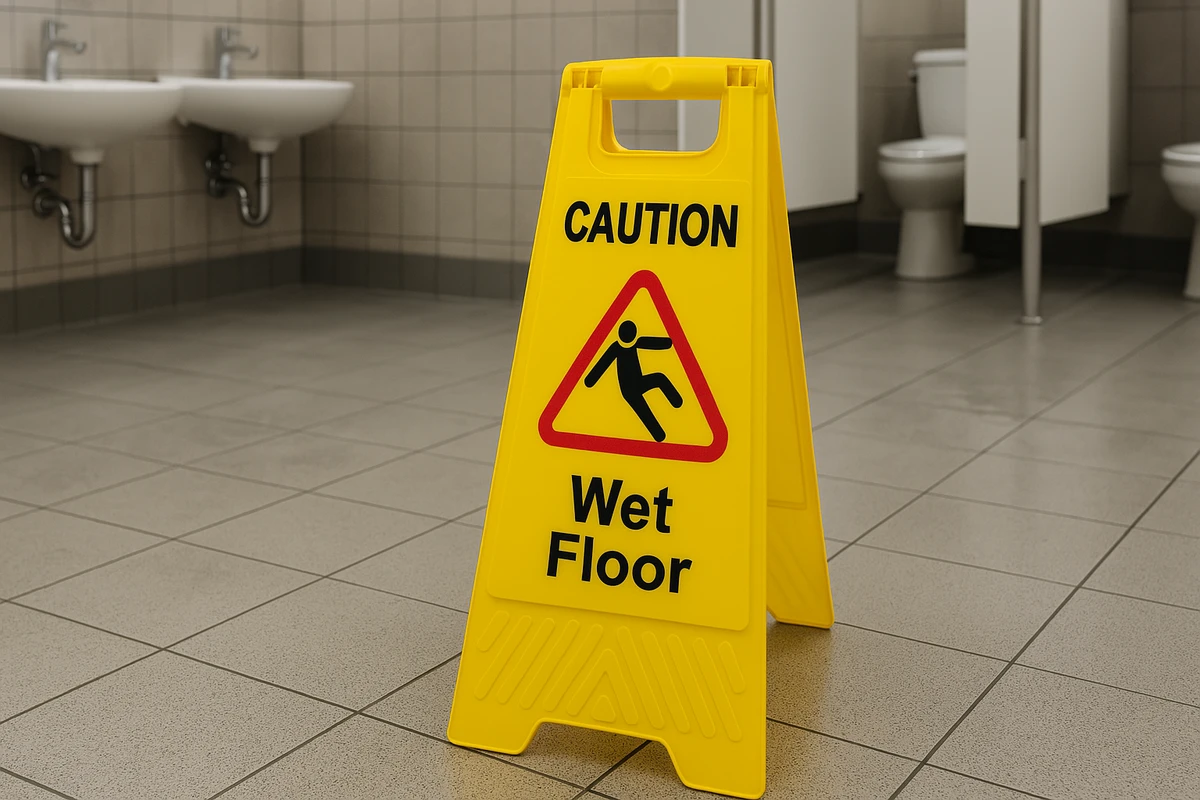 A wet floor with warning sign.