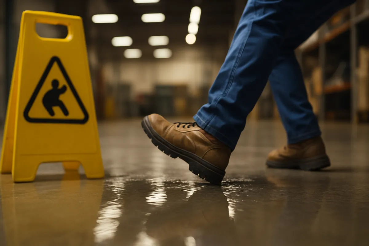 a worker slipping on a wet floor